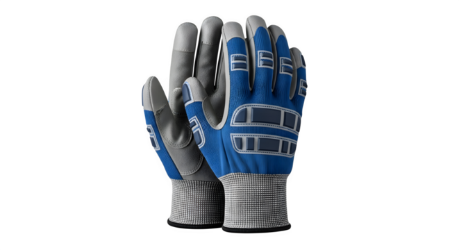 Pair of blue and gray work gloves isolated on transparent background, providing hand protection and safety during various tasks and industrial activities