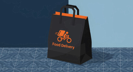 Stylish black paper bag with vibrant orange handles and a dynamic bicycle icon, representing efficient online food delivery and takeaway services, ideal for restaurant branding and courier concepts