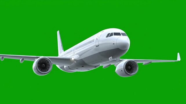 Commercial airplane flying smoothly through the sky. Side and front angles showing the aircraft in motion, engines spinning, landing lights on, realistic reflections on the fuselage.