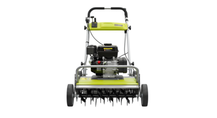 Front view of a green lawn aerator machine isolated on transparent background, a device used to perforate the soil and allow air, water, and fertilizer