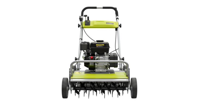 Front view of a green lawn aerator machine isolated on transparent background, a device used to perforate the soil and allow air, water, and fertilizer