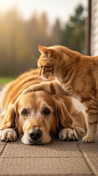 Golden Retriever Resting Head and Cat Patting in Outdoor with Autumn Warm Sunlight Portrait on Wooden Decking and Blurry Trees Background in Vertical Style during Daytime 200mm Lens