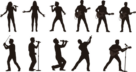 Musician silhouette, live performance, singer with microphone, guitarist pose, drummer action, black vector, stage energy, concert scene, vocal artist