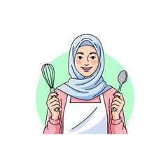Smiling Muslim Female Chef in Hijab Holding a Whisk and a Spoon - Cooking and Baking