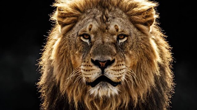 Fierce Male Lion Roaring Aggressively at the Camera in an Intense Closeup Portrait on a Black Background