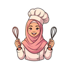 Naklejka premium Happy Muslim Woman Chef in Hijab and Chef Hat Holding Kitchen Whisks