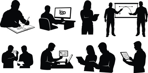 STEM silhouette, geometric sketch, graph analysis, tablet collaboration, black vector, technical drawing, educational pose, digital learning, academic scene