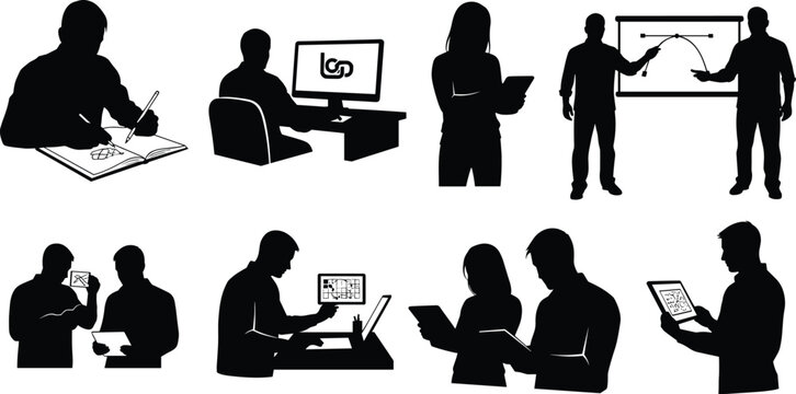 STEM silhouette, geometric sketch, graph analysis, tablet collaboration, black vector, technical drawing, educational pose, digital learning, academic scene