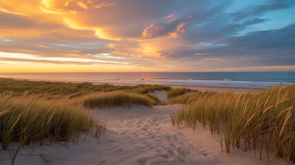 Scenic view of the beach with sand dunes and grass during a colorful sunset