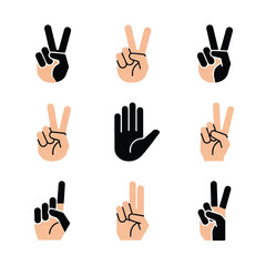 Obraz premium Collection of hand gestures displaying peace signs and open palm on white backdrop, symbolizing communication and positivity.