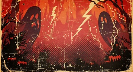 Obraz premium Spooky vintage Halloween design with eerie ghosts and lightning strikes against a red and orange grunge background, perfect for seasonal promotions