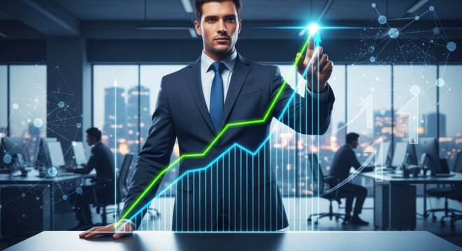 A businessman in a suit pointing to a glowing green and blue graph on a virtual screen in an office setting.
