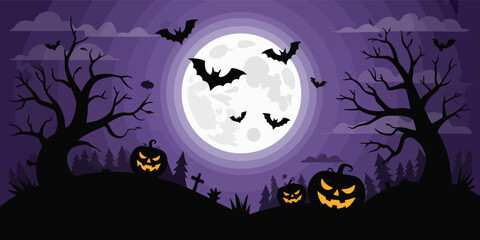 A Halloween scene with a full moon bats trees pumpkins a spooky purple background