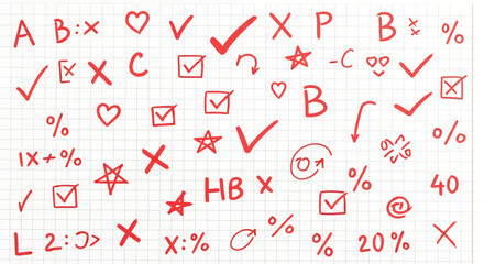 Red hand-drawn marks and symbols on a grid background, including checkmarks, crosses, hearts, stars, and percentages.