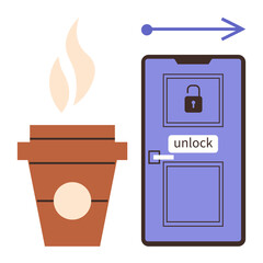 Hot coffee cup next to a secure digital door lock and open arrow, symbolizing modern convenience. Ideal for technology, automation, security systems, productivity, innovation, lifestyle, and access