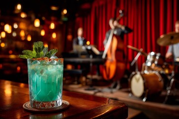 Blue cocktail drink at jazz club bar