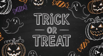 Spooky trick or treat design with cute pumpkins and ghosts for Halloween fun, perfect for seasonal promotions and delightful holiday greetings