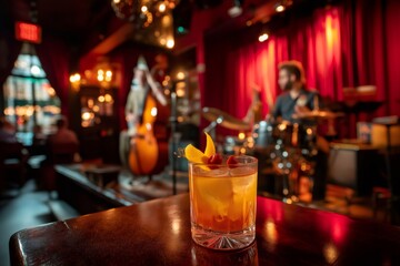 Old Fashioned cocktail on bar with live jazz band