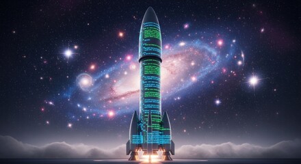 A futuristic rocket ship with a digital interface against a starry night sky.