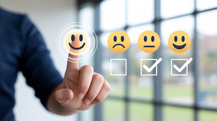 Man selecting happy face on digital interface to provide positive feedback