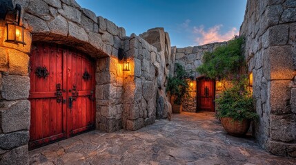 Red wooden doors set within a stone archway.