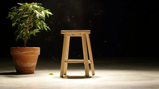 Minimalist scene with a potted plant and wooden stool under dramatic spotlight, dust particles dancing in the air.