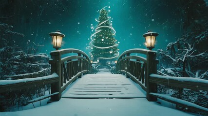 Snow Covers Wooden Bridge Under Soft Lantern Light, Leading to a Brightly Lit Christmas Tree Surrounded by Snow-Covered Trees in a Winter Forest at Night - Powered by Adobe