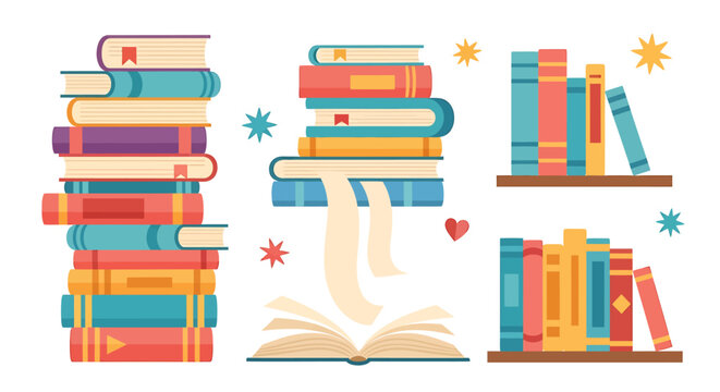 Illustration of stacks of books and books on shelves, with an open book.