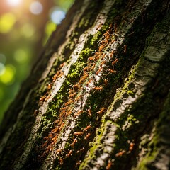 Ants on a tree trunk covered in moss in a forest.