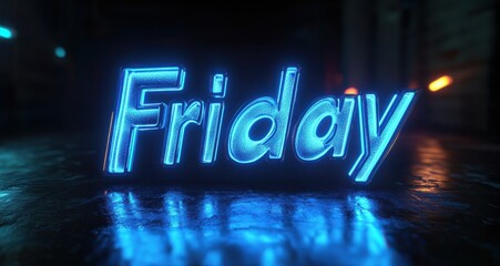 Glowing blue 3D Friday text on reflective dark background