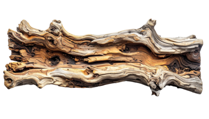 Weathered, gnarled log against black