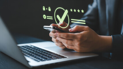 Person using a smartphone with a security checkmark for verification process