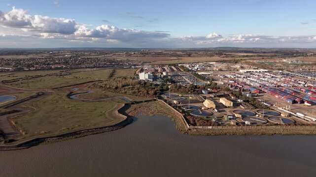Aerial view establishing Tilbury 2 RoRo shipping terminal on the Essex river Thames port