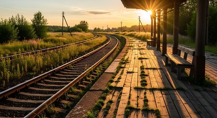 Golden Hour at the Railway Station - A Serene Rural Scene.