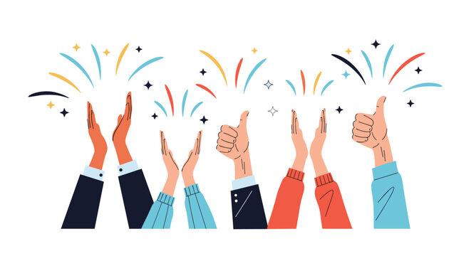 A diverse group of people are celebrating with applause and confetti in the air.