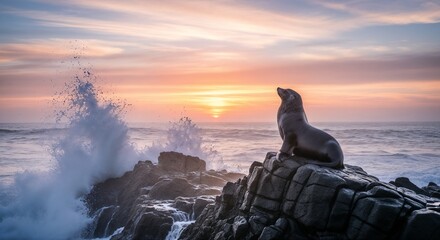 sunset over the ocean with sea lion