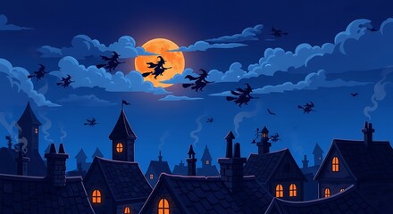 Spooky witches fly across a radiant moon over a charming village on Halloween night, casting an eerie glow on the rooftops below, perfect for autumn decor