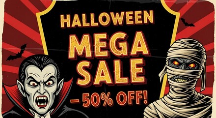 Spooky Halloween mega sale with scary vampire and mummy offering 50% off for frightful holiday fun
