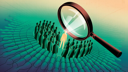 Magnifying glass over a crowd with one person highlighted in yellow