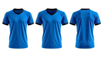 Blue v-neck shirt, three perspectives