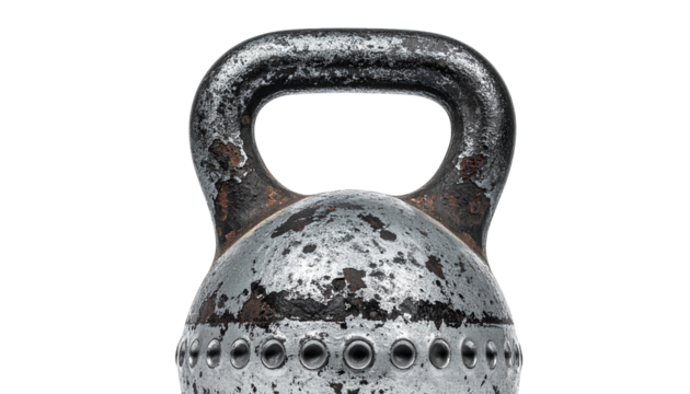 Worn, heavy metal kettlebell close-up