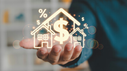Hand holding house with dollar sign, representing real estate investment and finance