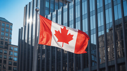 A canadian flag waving in the wind in front of a modern office building on a bright sunny day