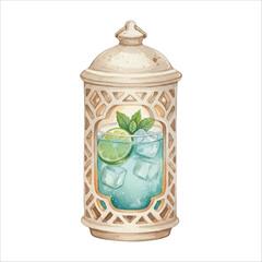 Ceramic Lantern Cocktail Vector, Watercolor Drink with Lime and Ice on White
