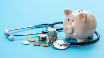 Piggy bank with stethoscope and coins on blue background, healthcare costs