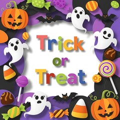 Spooky Halloween fun with cute ghosts, bats, pumpkins and candy for festive invitations, cards, and party decorations this fall season