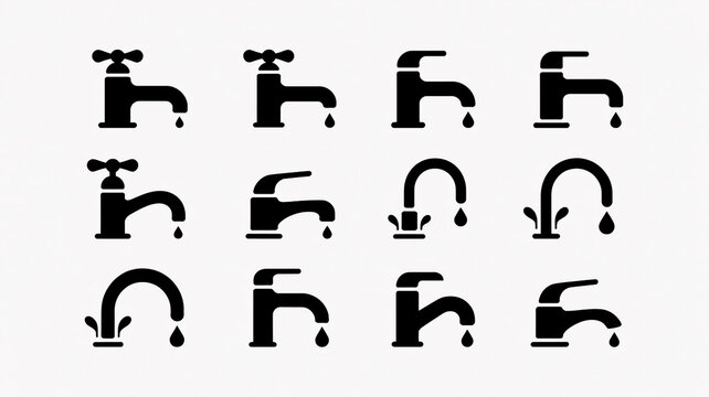 A set of 9 minimalist faucet icons arranged in a 3x3 grid against a white background. Each icon depicts a different style of water faucet in blac