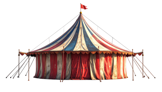 Old striped circus tent with red flag