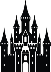 castle with tall towers and battlements, front view, solid black silhouette