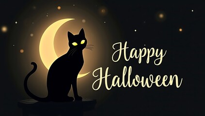 Stylish minimalist poster with black cat silhouette, yellow eyes, crescent moon, and simple “Happy Halloween” in elegant font.
